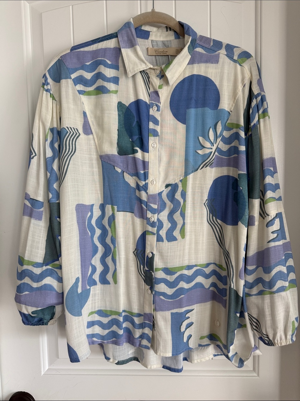 Vintage-Inspired Abstract Print Shirt Jacket - Blue & White